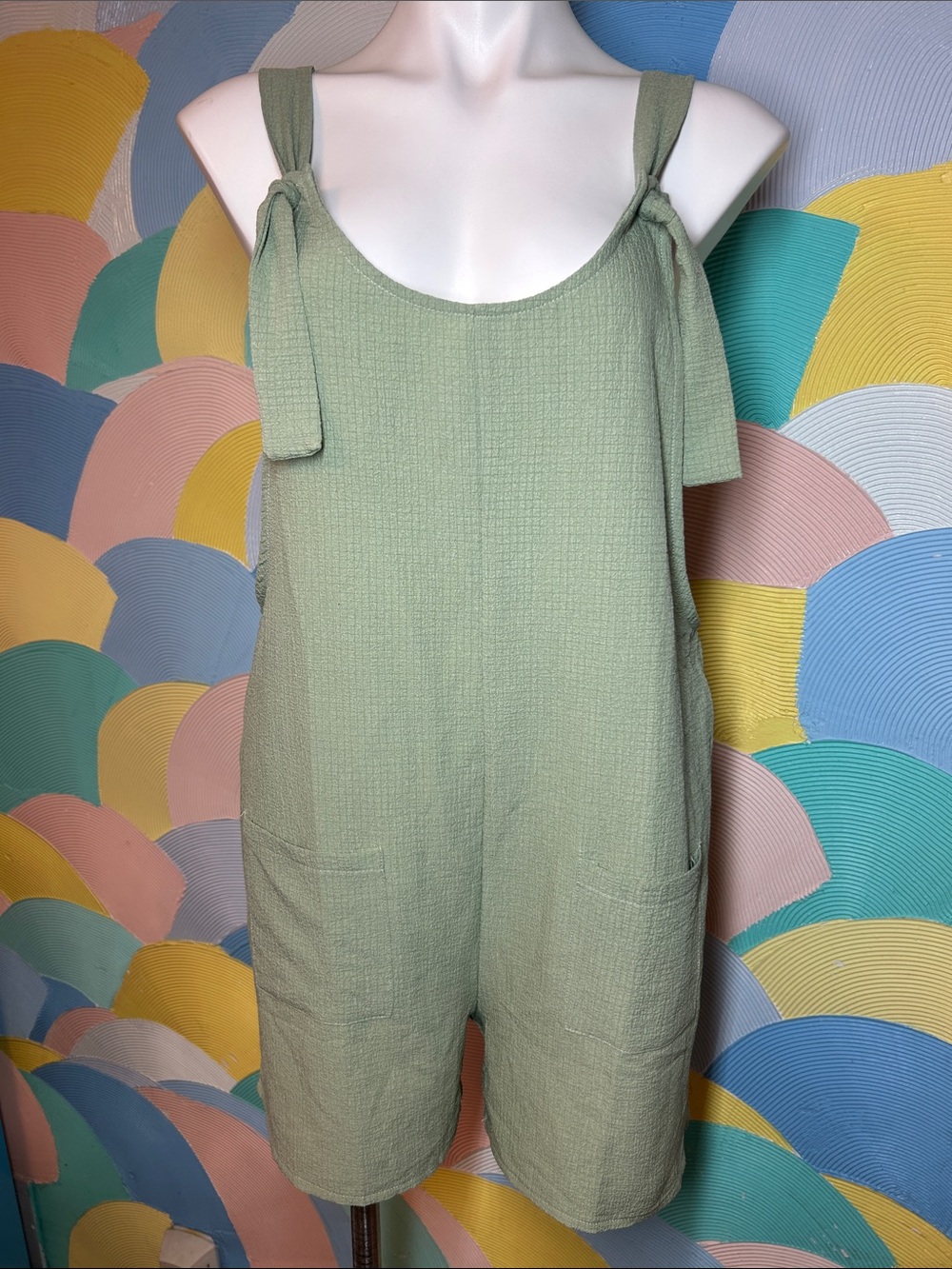 Pink Palm Sage Green Tie-Strap Romper sz M